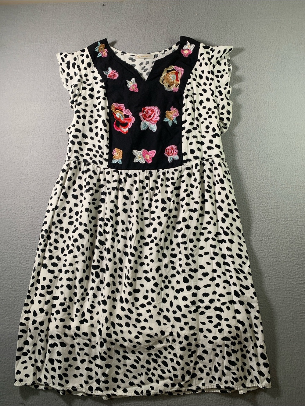 Kirundo Black & White polka dots -Print Mini Dress with Floral Embroidered Yoke